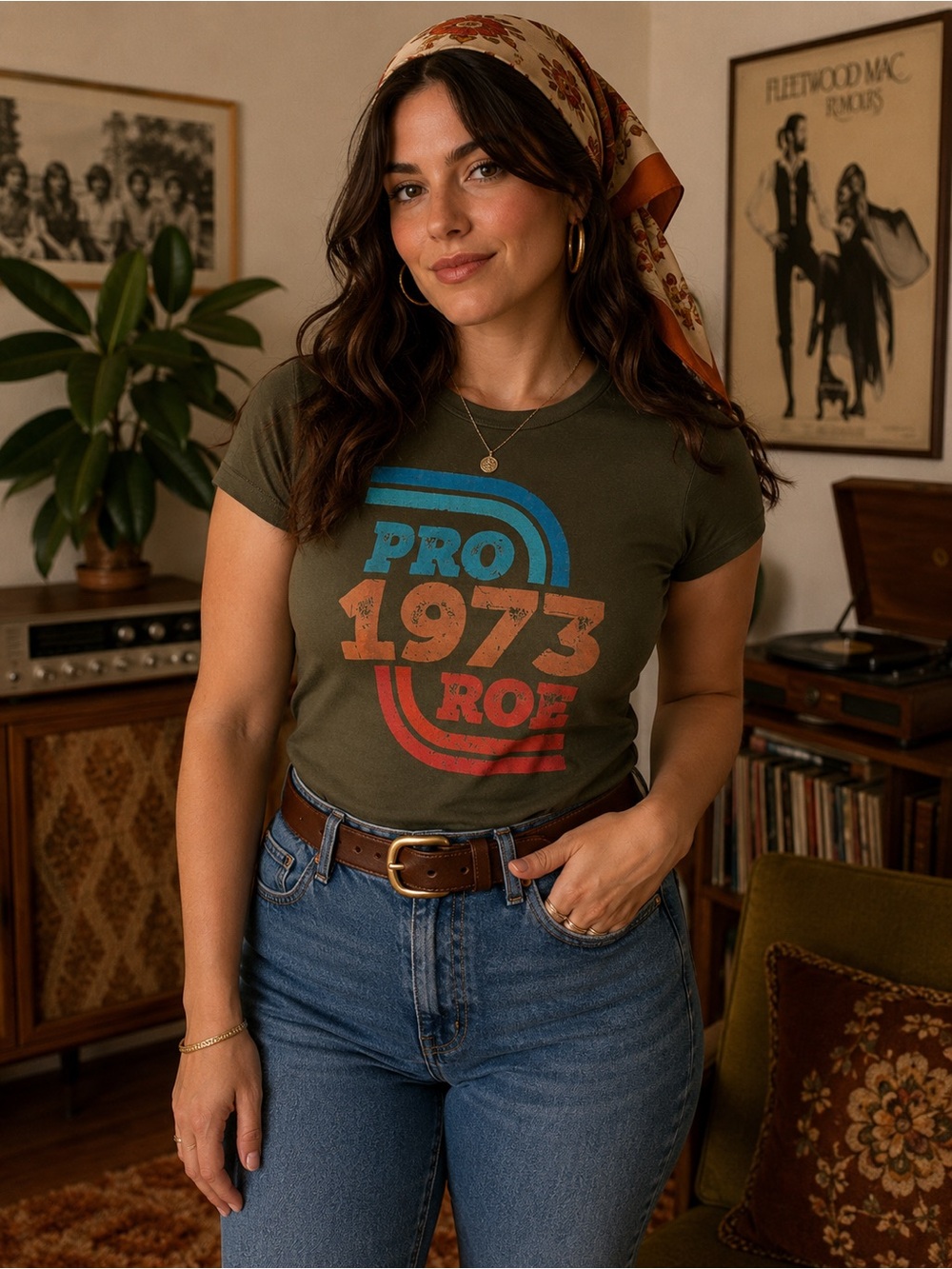 Pro Roe 1973 Women’s Graphic Tee Olive Green Retro Protest Shirt Medium